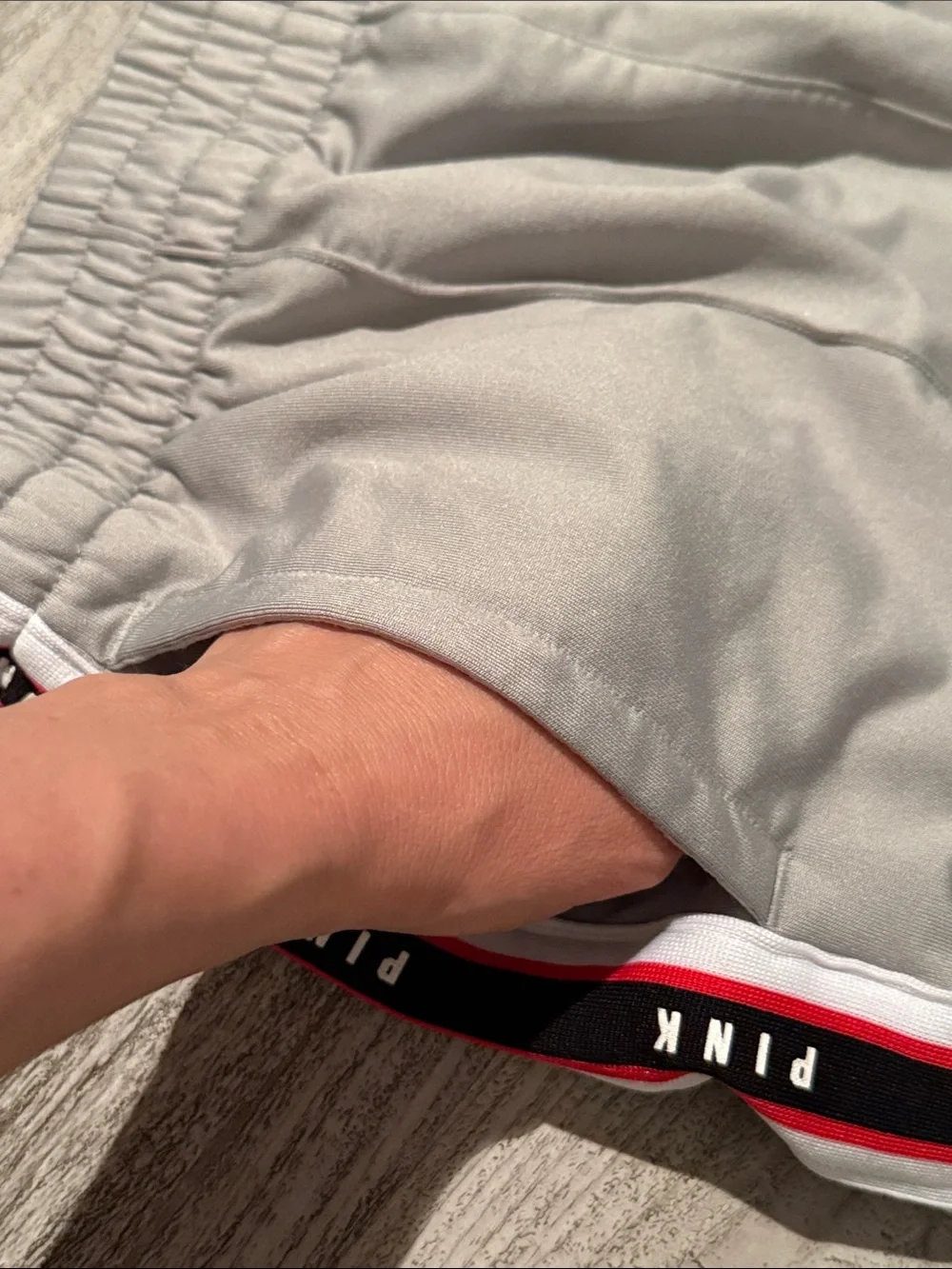 PINK Victoria's Secret Light Gray Athletic Shorts with Red & Black Side Stripes
